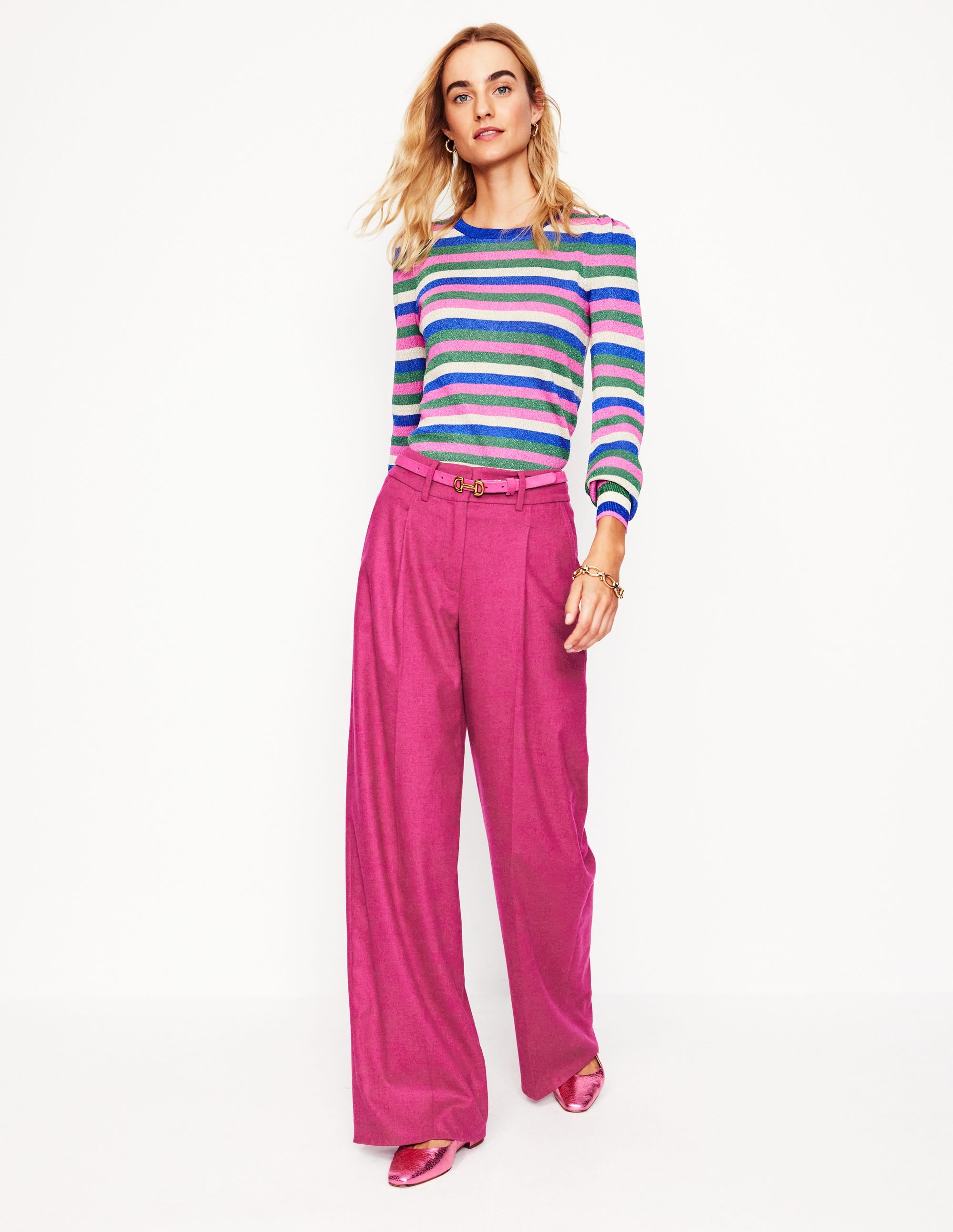 A pair of women's tailored trousers in Cherry Jam color, made from a wool-blend fabric, with a relaxed fit, wide leg, and high waist, shown in a full-length view.