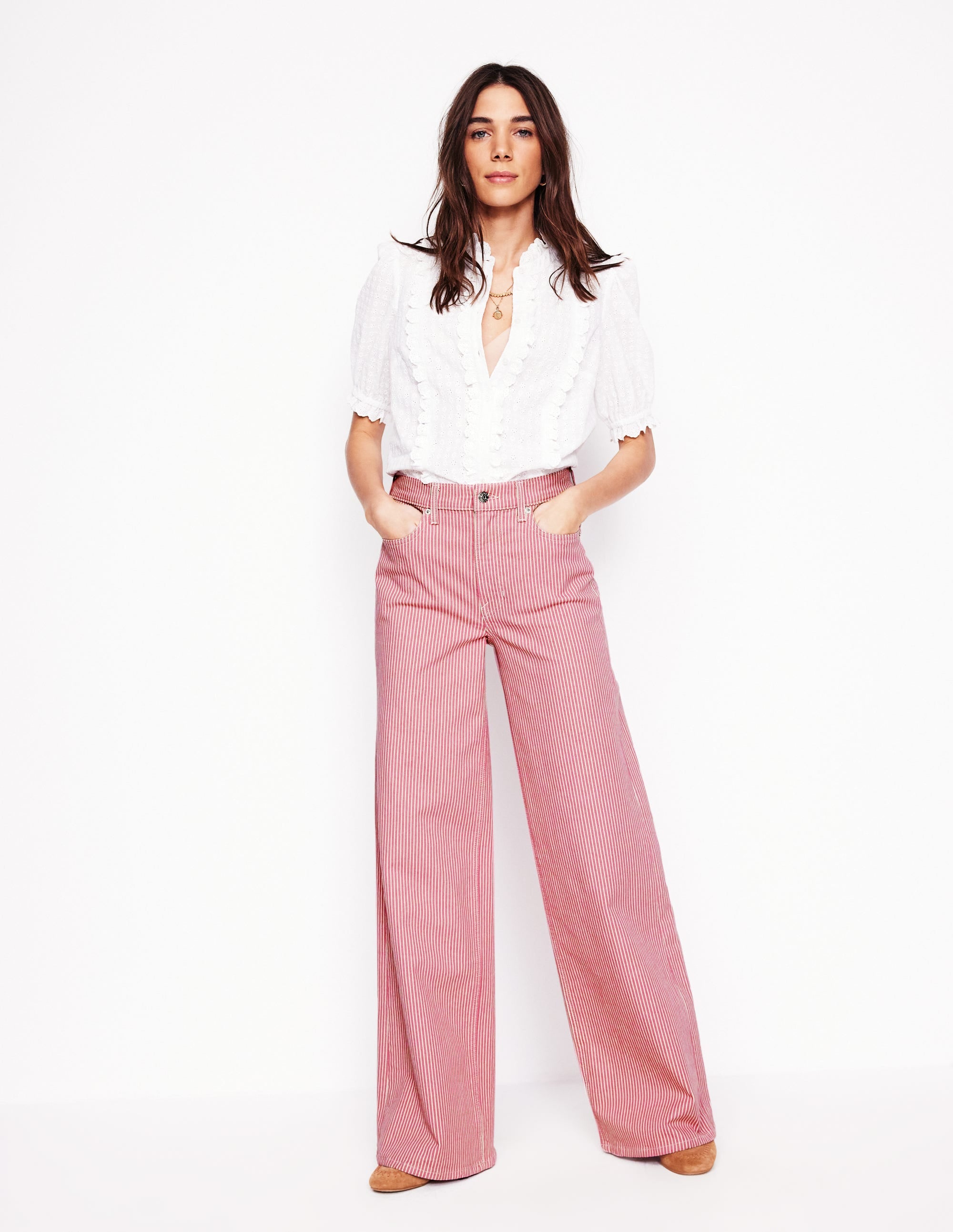 A woman wearing pink striped high-rise wide-leg jeans, paired with a white blouse, standing against a plain background.