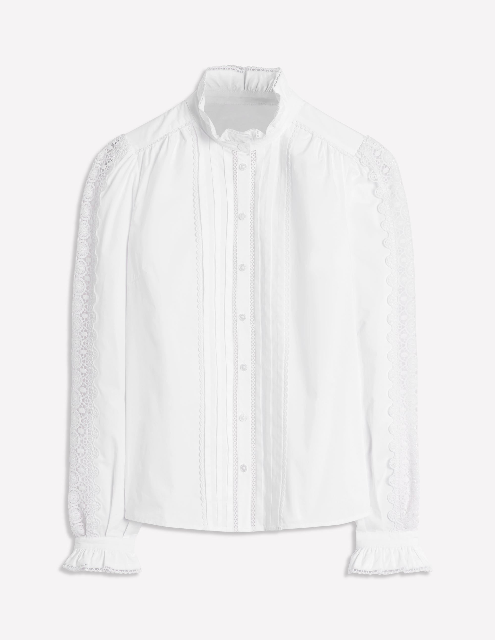 A white women's lace blouse with a high ruffled collar, pintuck detailing, long sleeves with ruffled cuffs, and lace panels along the sleeves and front.