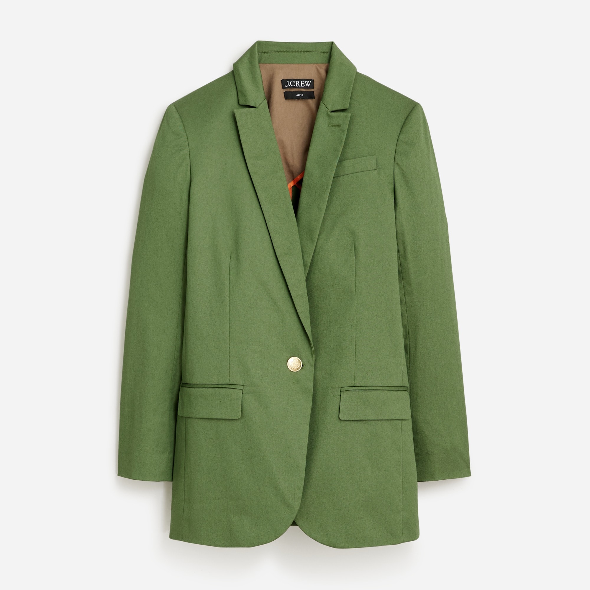 A women's petite green blazer with notch lapels, long sleeves, multiple pockets, and a single button closure.