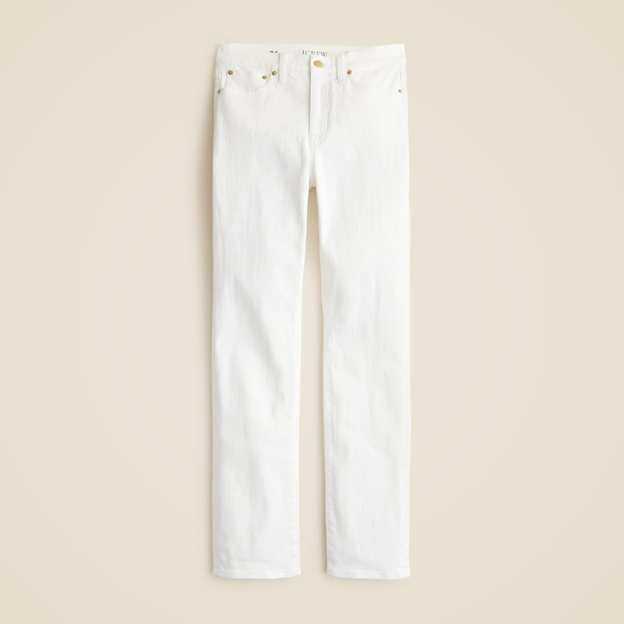 A pair of white women's slim-straight jeans with a high waist, five pockets, belt loops, and a front button and zipper.