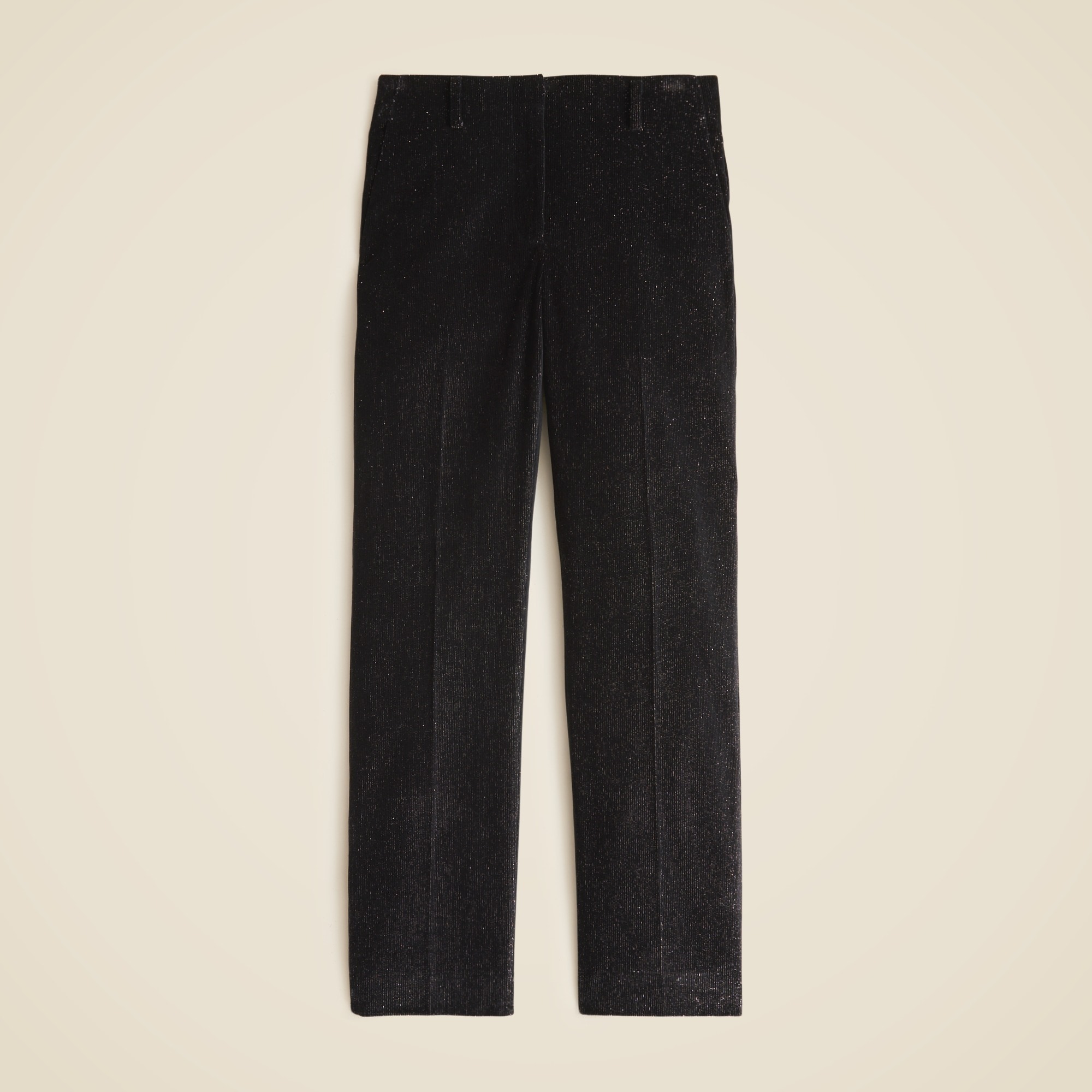 A pair of black metallic corduroy straight-leg pants with a high-rise waist, zip fly, and pockets.