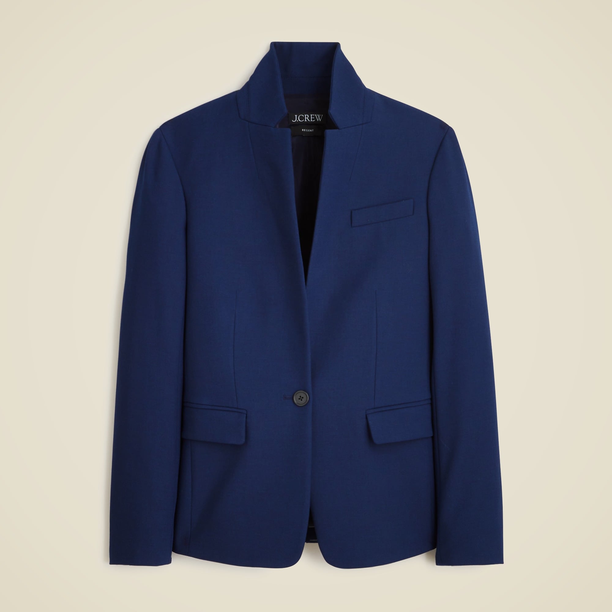 A navy blue women's blazer with a standing collar, single-breasted, welt pockets with flaps, and a fitted silhouette.