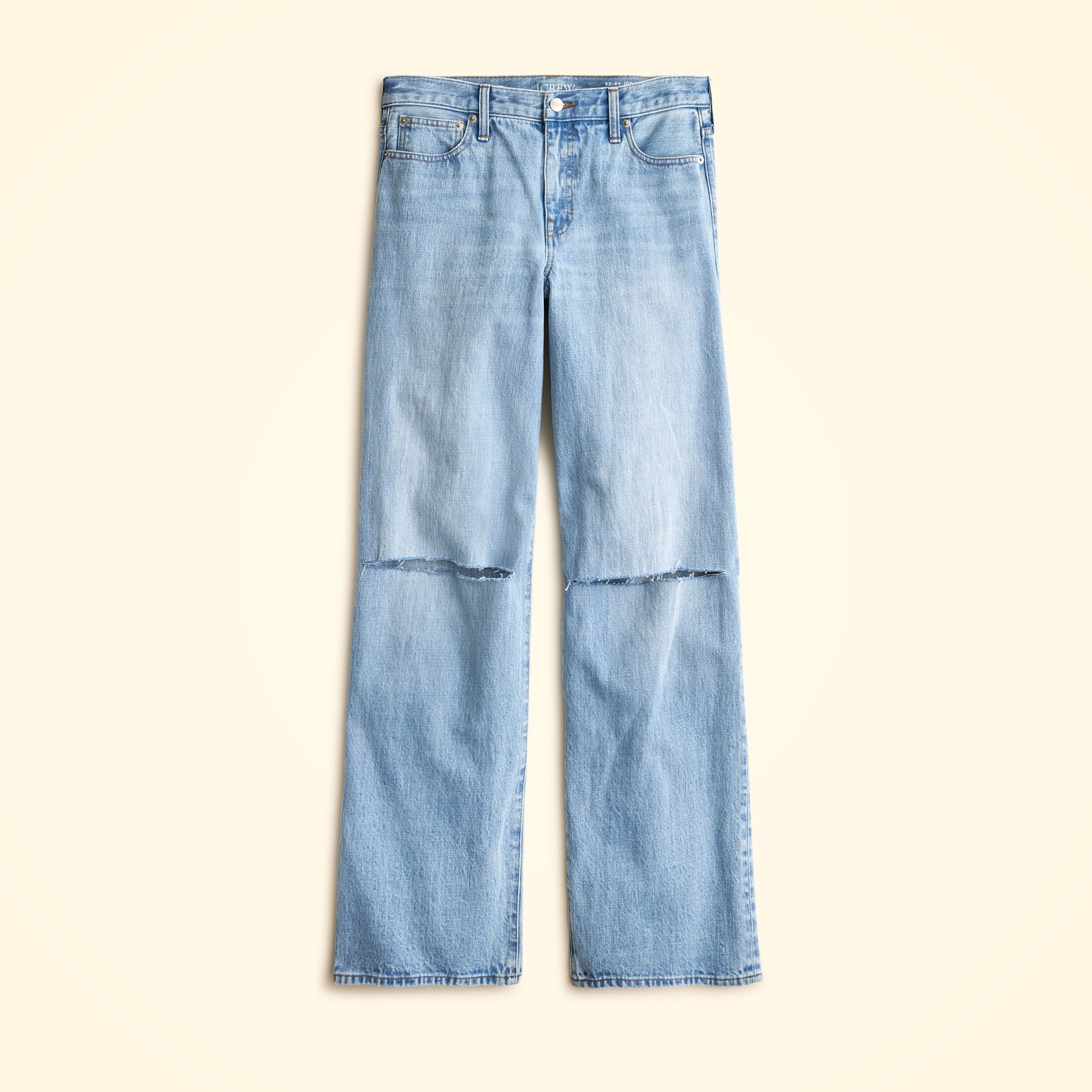 Light blue distressed wide-leg jeans with a low-rise fit and no stretch.