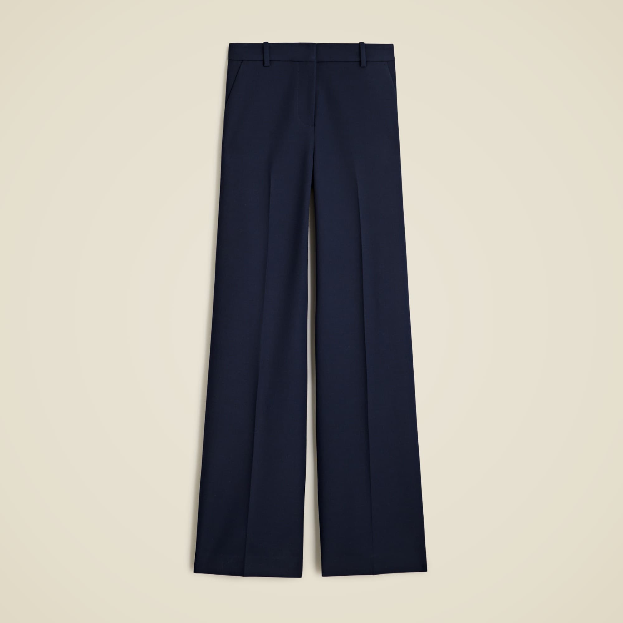 Navy blue cropped women's pants with a high waist, wide-leg cut, and concealed fly, displayed against a plain background.