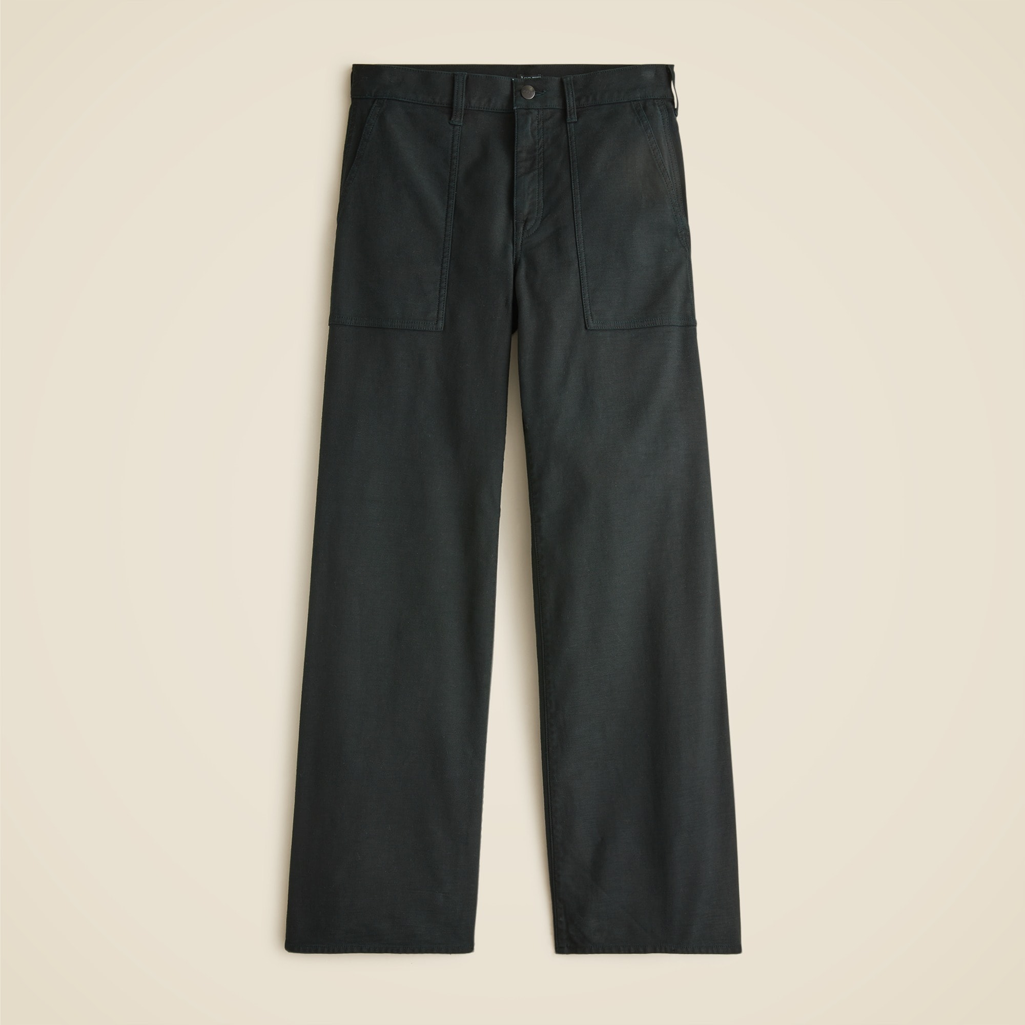 Black women's wide-leg pants with large front pockets, high waist, and a relaxed fit.