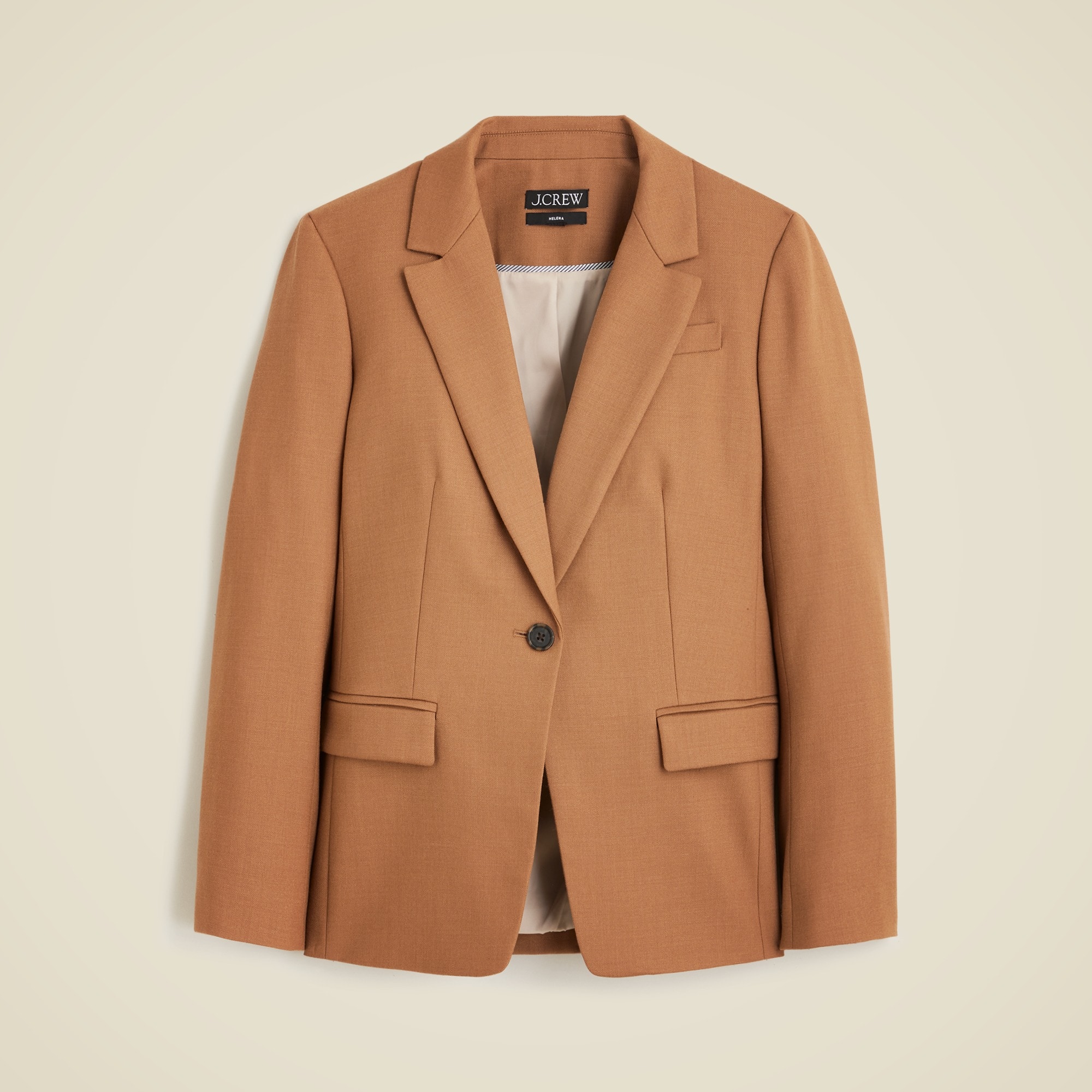 A women's beige Helena blazer in wool-blend flannel with notch lapel, front patch pockets, and a single-breasted design.