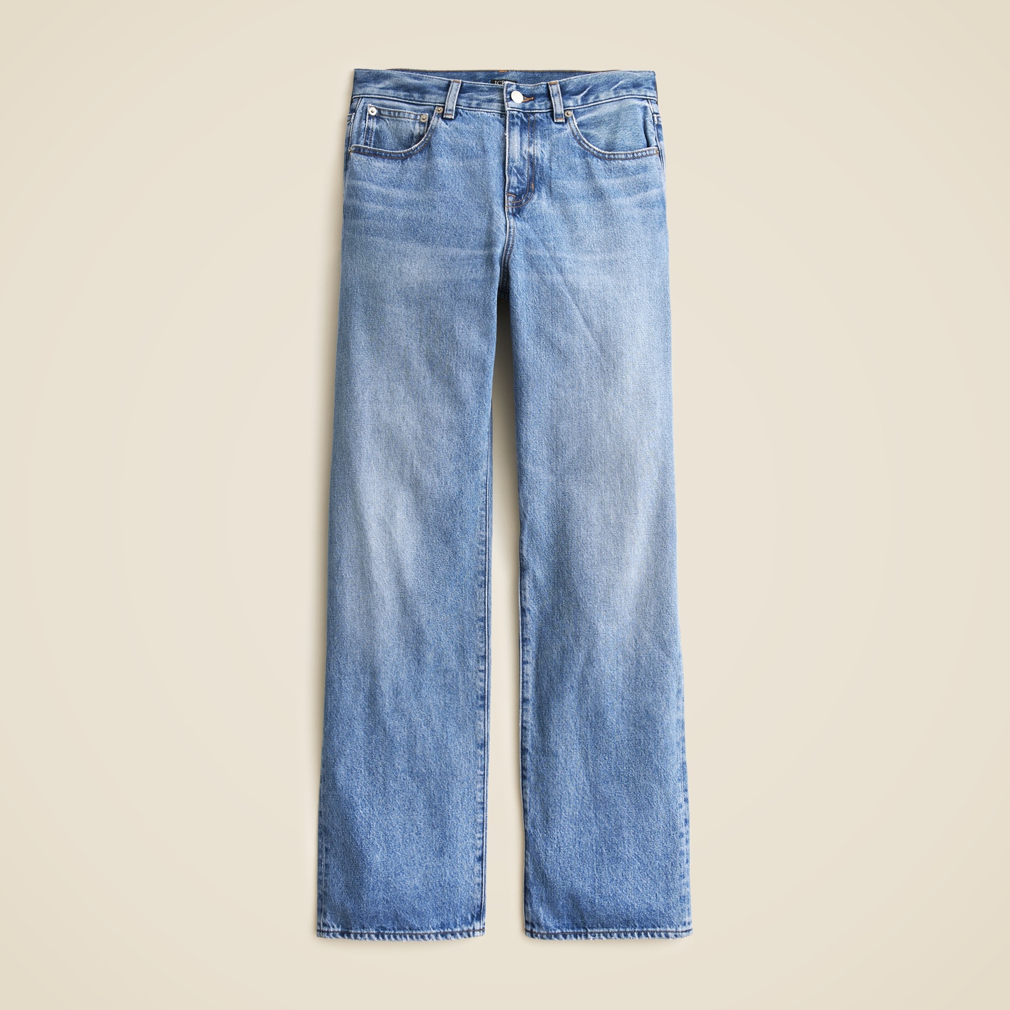 A pair of blue high-rise relaxed straight jeans with a five-pocket style and zip fly.