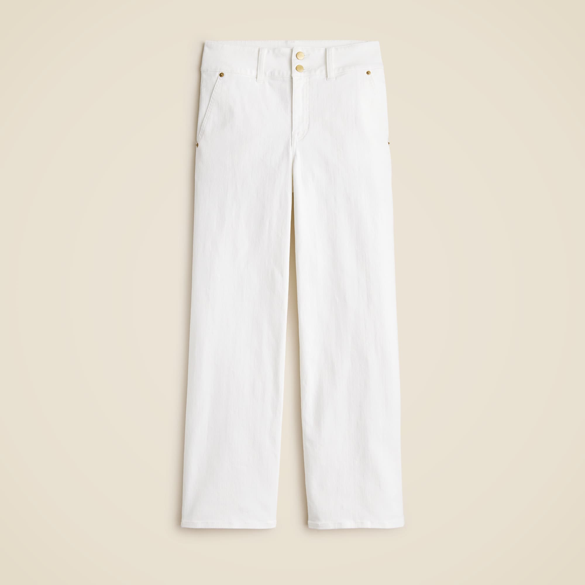 White women's slim-wide jeans with stacked buttons at the waistband, side pockets, and a structured fit.