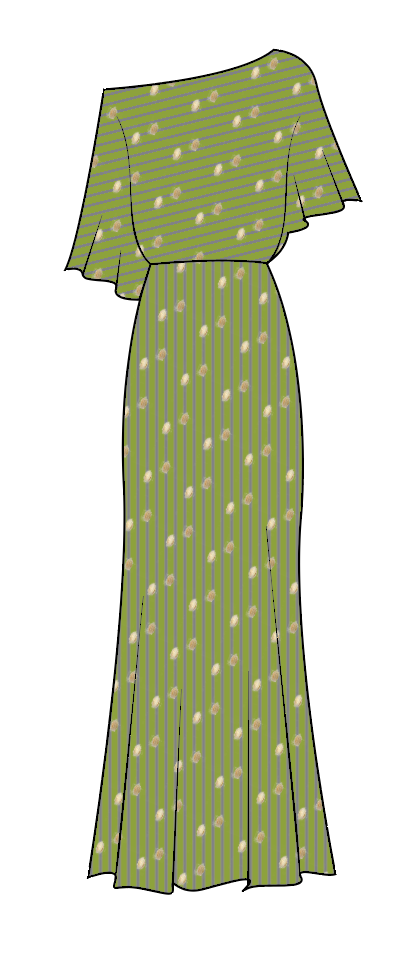 A green women's maxi dress with a metallic fleck print and gold brushstrokes, featuring a fitted skirt and a voluminous top, with a pull-on style and elasticated waist.
