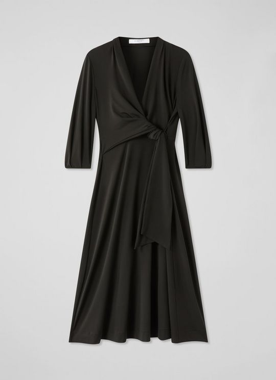 A black women's jersey dress with a V-neckline, tie-front wrap, midi length, and three-quarter sleeves.
