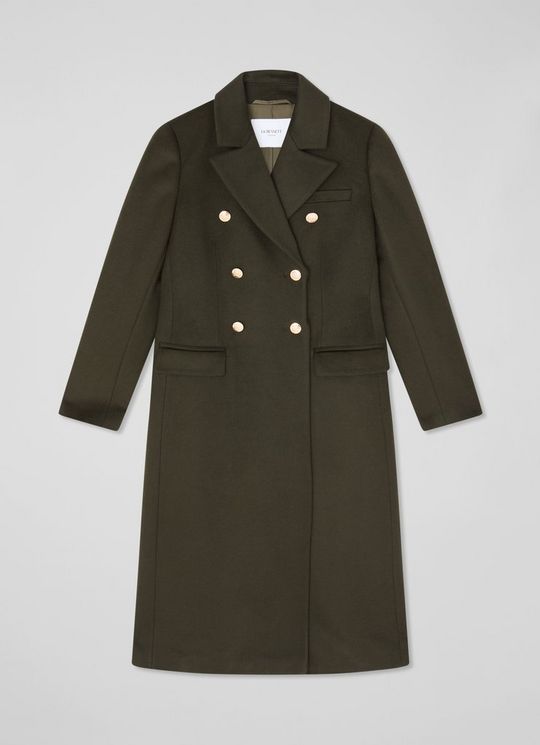 A women's green wool coat with a double-breasted design, classic collar, front pockets, and gold buttons, in a maxi length.