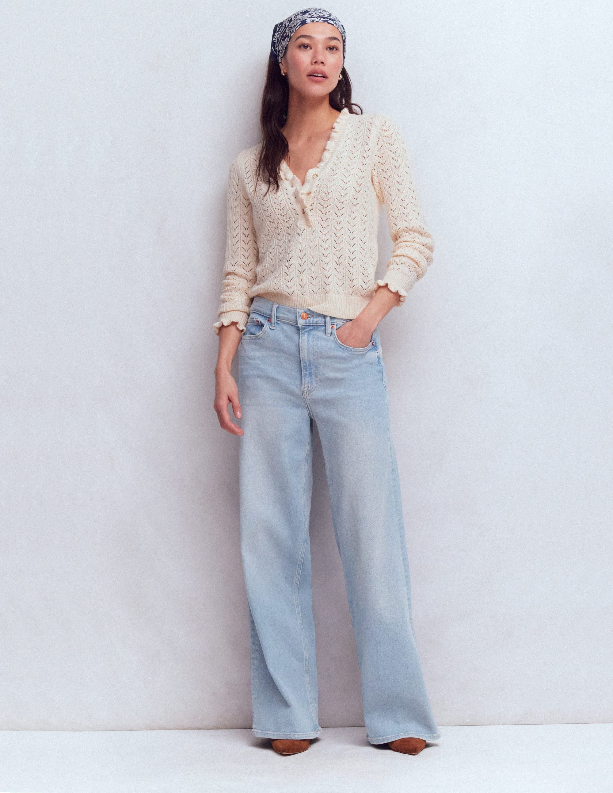 A woman wearing light blue high-rise wide-leg jeans with a relaxed fit, five-pocket style, and a slightly faded vintage wash.